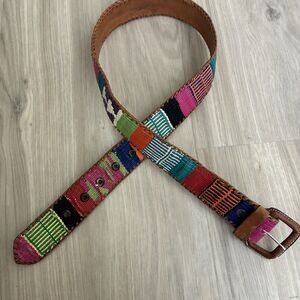 Vintage Belt Hand Woven Textile Leather Traditional Guatemalan Multi Color Small